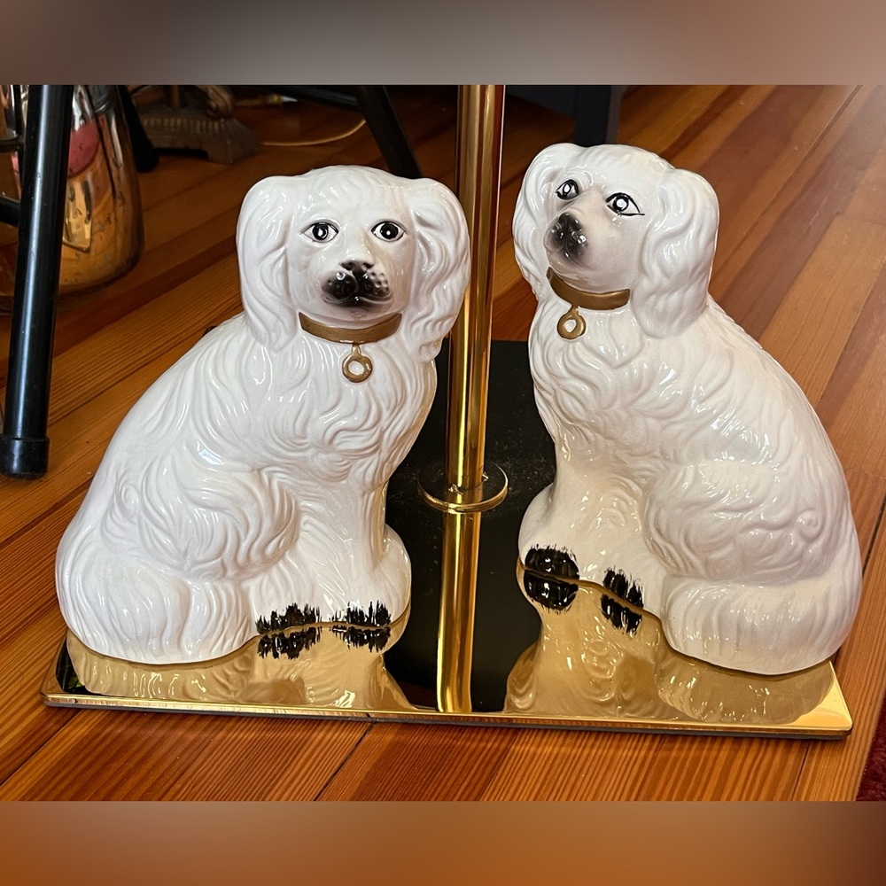 Pair of White Staffordshire Ceramic Spaniel Dog Statues with Gold Accents